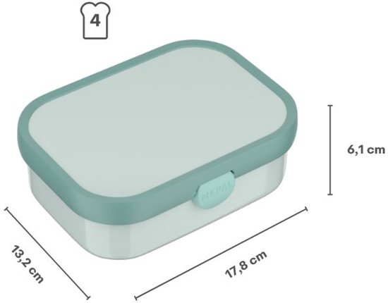 Boîte à pain bleu clair avec bordure verte et logo Mepal. Dimensions 17,8 x 13,2 x 6,1 cm.