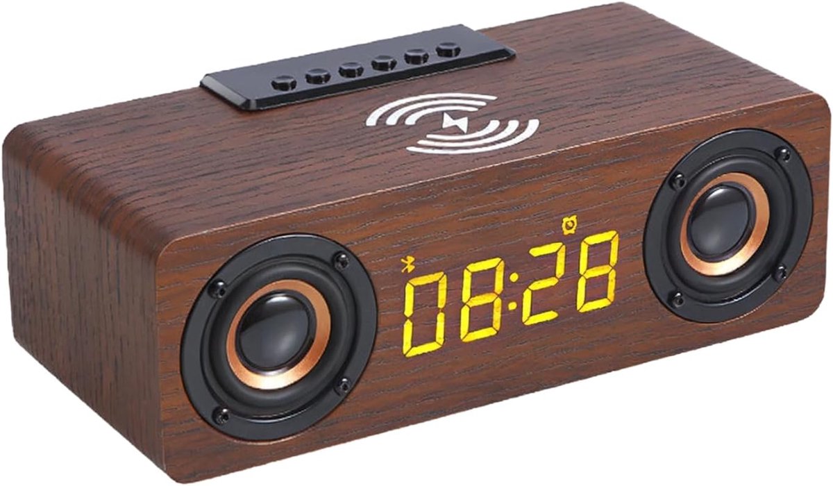 Houten Wekker - Digitale Klok - Muziek Luisteren - Draadloze Oplader - 23.6 x 10.9 x 7.9 cm - Bruin