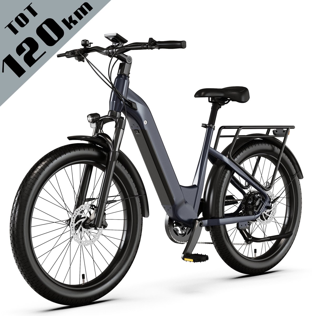 Vankel stads-e-bike 26 inch - 120 km actieradius - 720Wh LG accu - hydraulische schijfremmen voor en achter - 250W achterwielmotor - dubbele krachtsensor - aluminium lage instap frame - Shimano 7 versnellingen - antracietgrijs