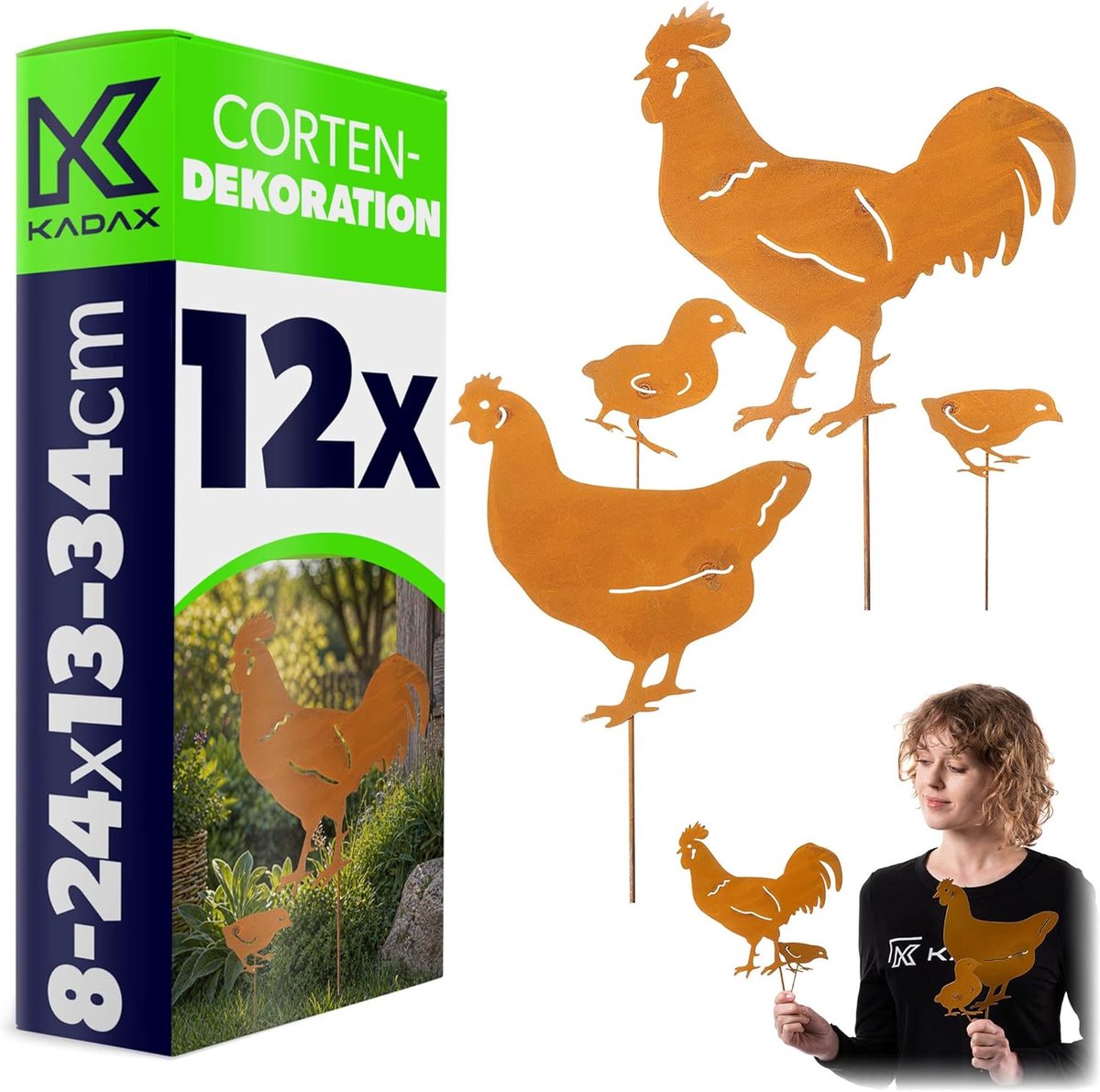 Tuinsteker kippenfamilie - Metalen decoratie - Tuin versieren - Tijdloos roestdesign - 12 delig - Roestkleurig