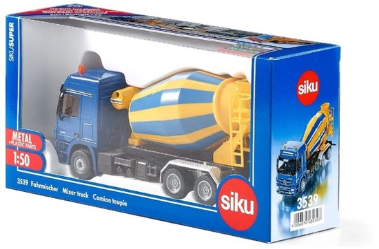 Grijze Siku betonmixer met blauwe en gele gestreepte trommel, 1:50 schaal, in verpakking.