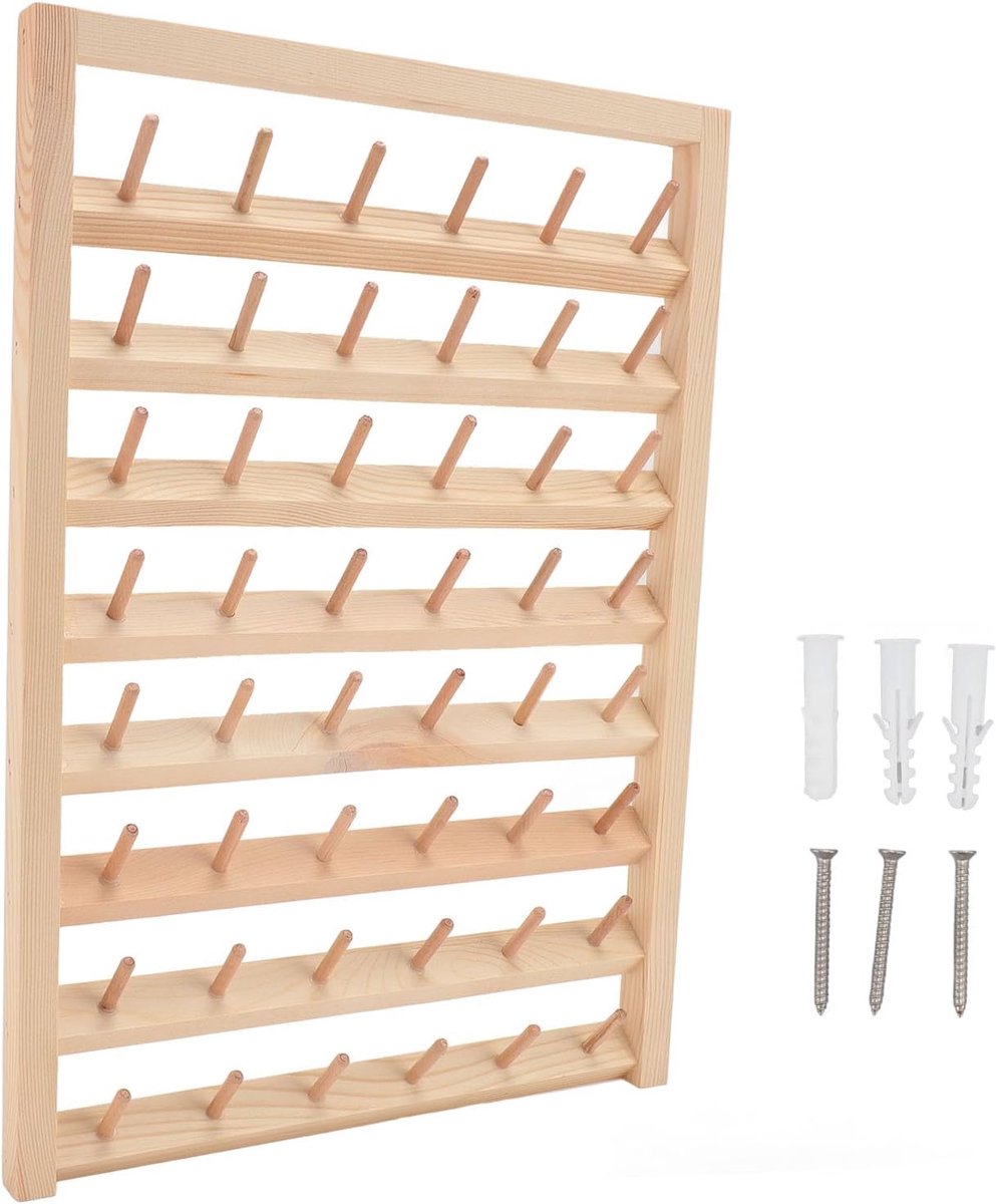 Draadrek 48 spoelen - Garen organizer - Ambachtelijk werk - Wandmontage ontwerp - 34 x 41 cm - Natuurlijk hout