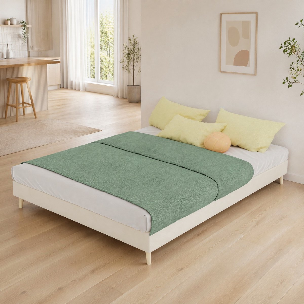 MEUNIQ gestoffeerd bedframe 140 x 200 cm in beige met geometrisch hoofdeinde, rippenbedgestel en moderne uitstraling voor de slaapkamer