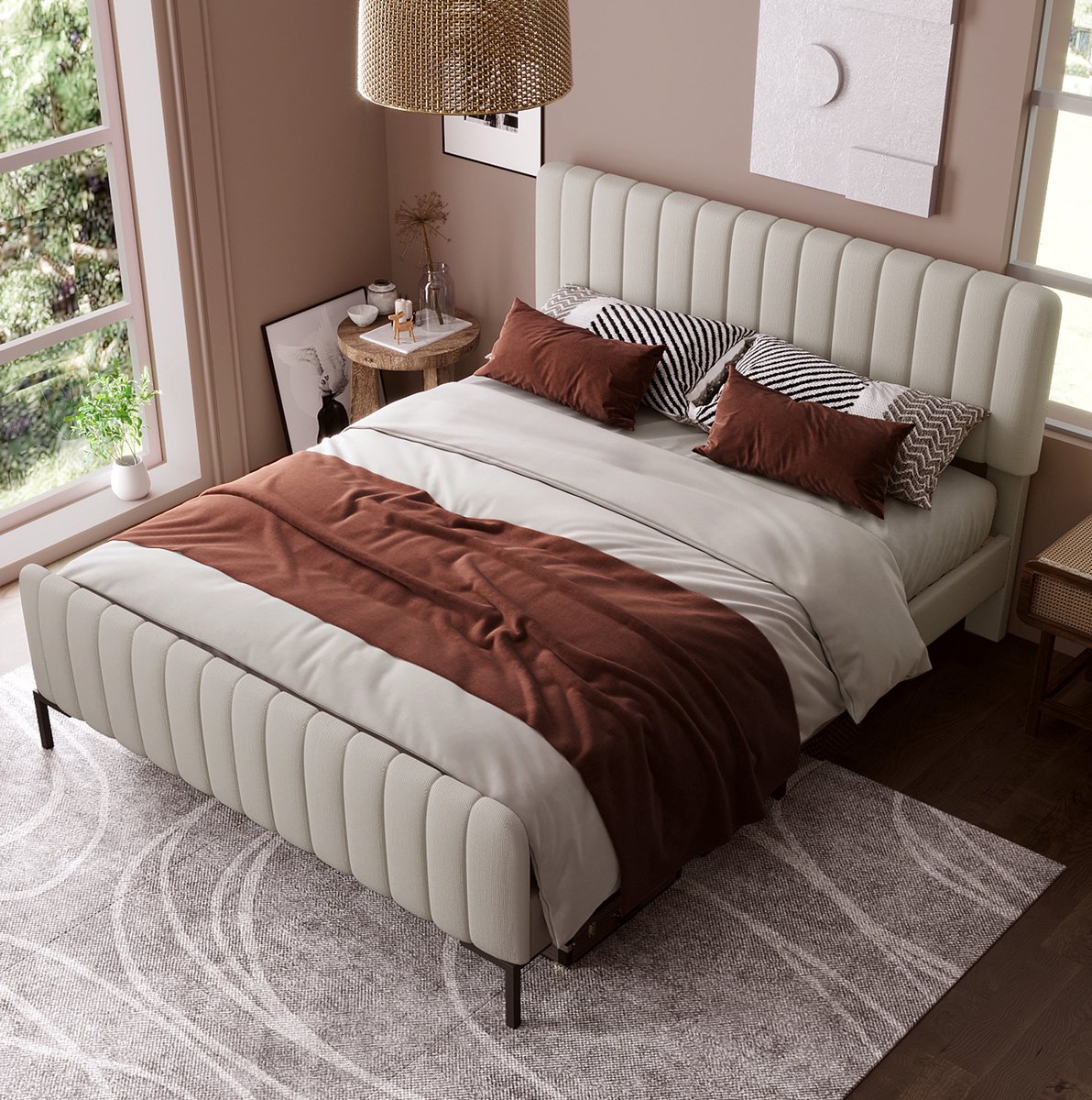 MEUNIQ gestoffeerd bed 140 x 200 cm met lattenbodem en verstelbaar hoofdeinde, tweepersoons bedframe voor slaapkamer of logeerkamer, grijs-beige