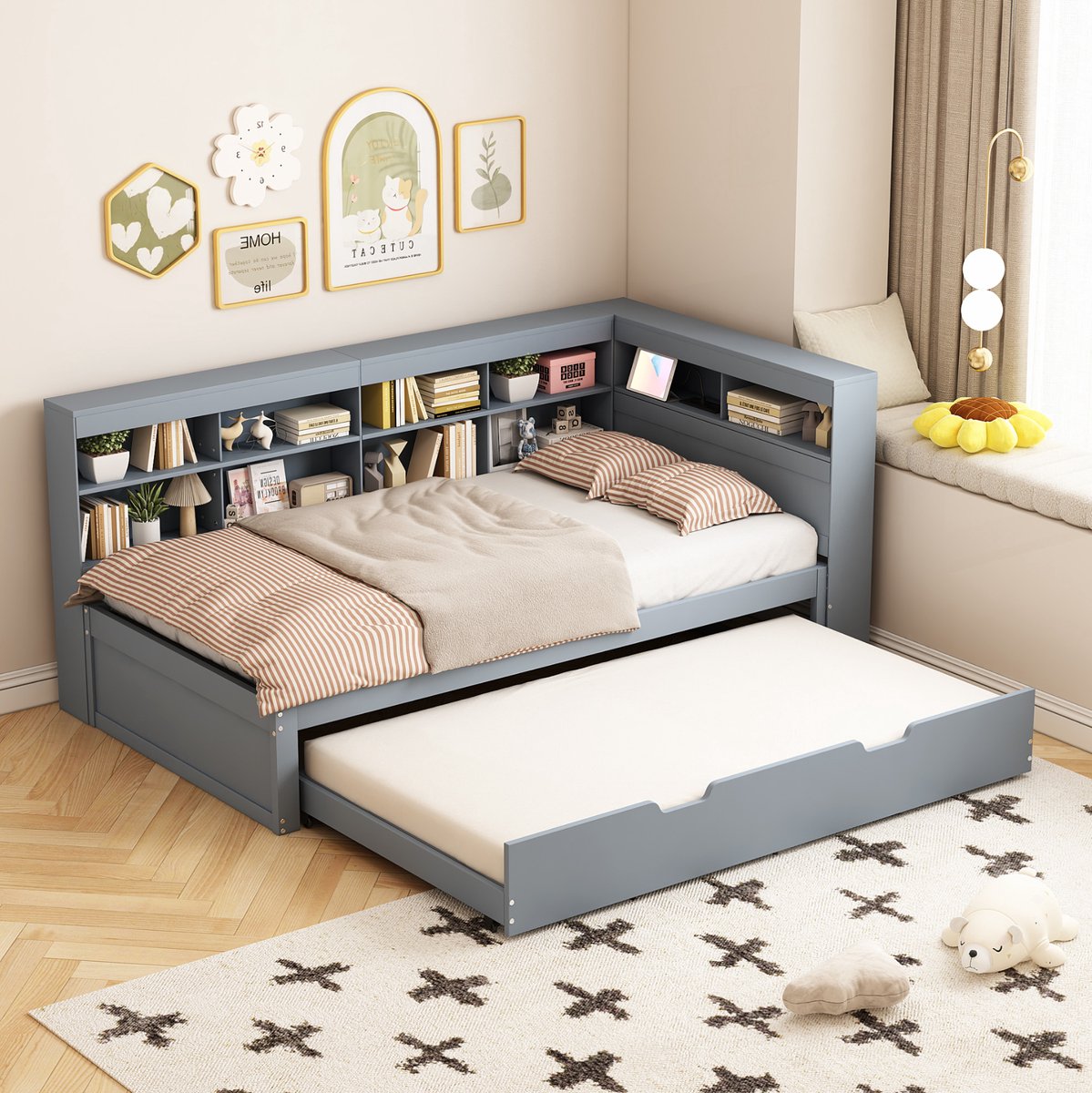 MEUNIQ slaapbank 90x200 cm met uitschuifbaar bed 90x190 cm, USB-aansluiting, opbergvakken en houten frame, eenpersoons bedbank voor slaapkamer of logeerkamer, grijs