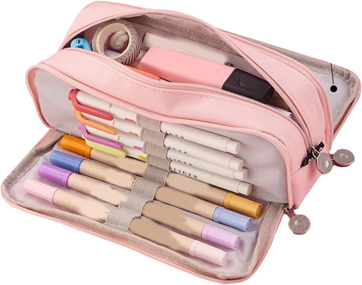 Leuk etui - Pennentas organizer - Kantoorbenodigdheden opbergen - 3 Ruime vakken - 21.5x9x7cm - Roze