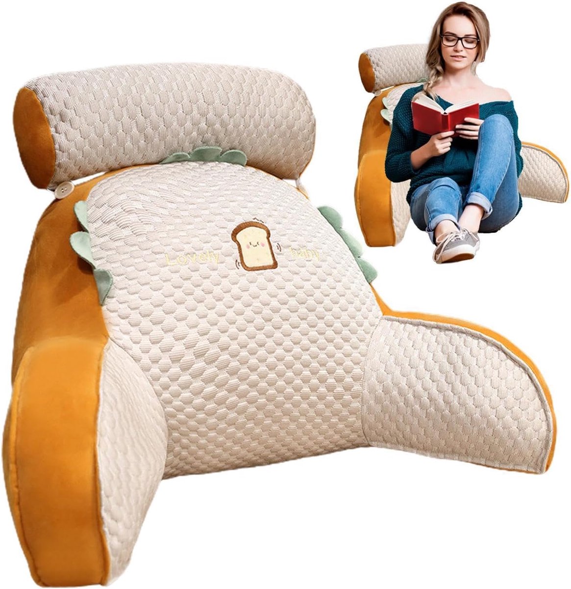 Leeskussen Rugsteun - Wigkussen Bank - Ontspannen Lezen - Afneembaar Nekkussen - 60x40 cm - Toast