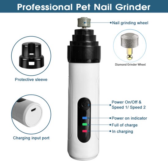 Professionele nageltrimmer voor huisdieren, met gedetailleerde weergave van slijpwiel, beschermhoes en laadpoort.