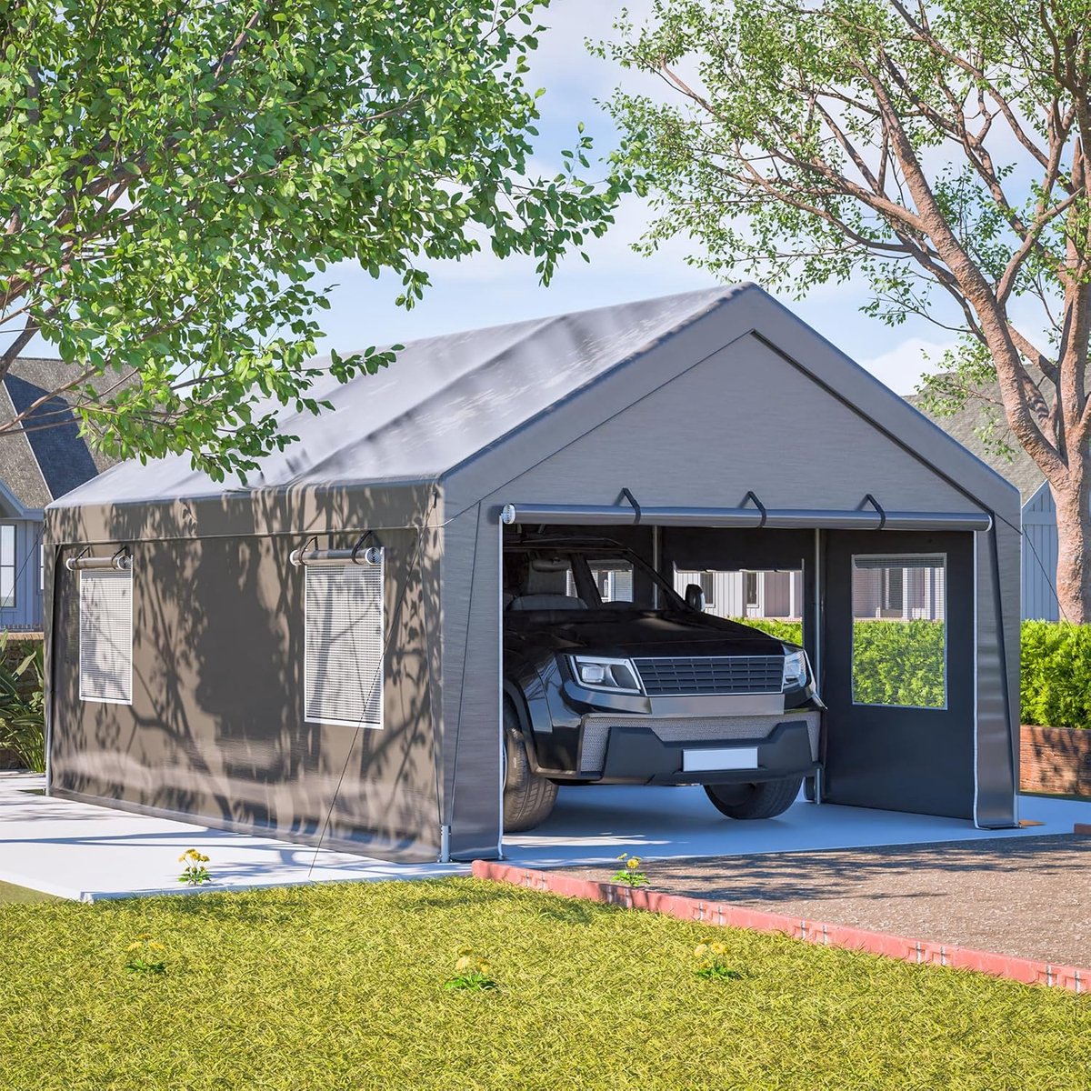 Carport tent - Tentgarage - Opslagtent - Waterdicht - UV-bescherming - Oprolbare deuren - Tuinopslag - 6x4x3 m - Voertuigbescherming - Grijs