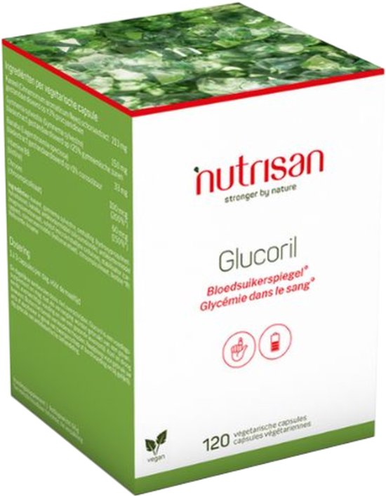 Nutrisan Glucoril, 120 vegetarische capsules, met bloedsuikerspiegel en glycémie dans le sang op de voorkant.