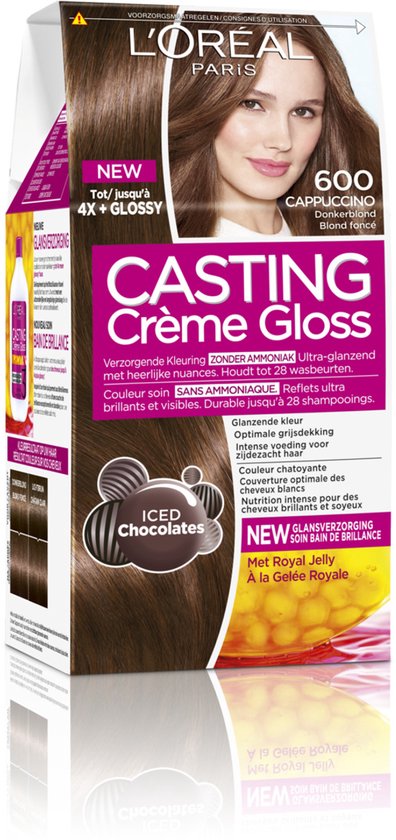 L'Oréal Paris Casting Crème Gloss 600 Cappuccino haarverf verpakking met model. Toont 'iced chocolates' kleur en glans met Royal Jelly.