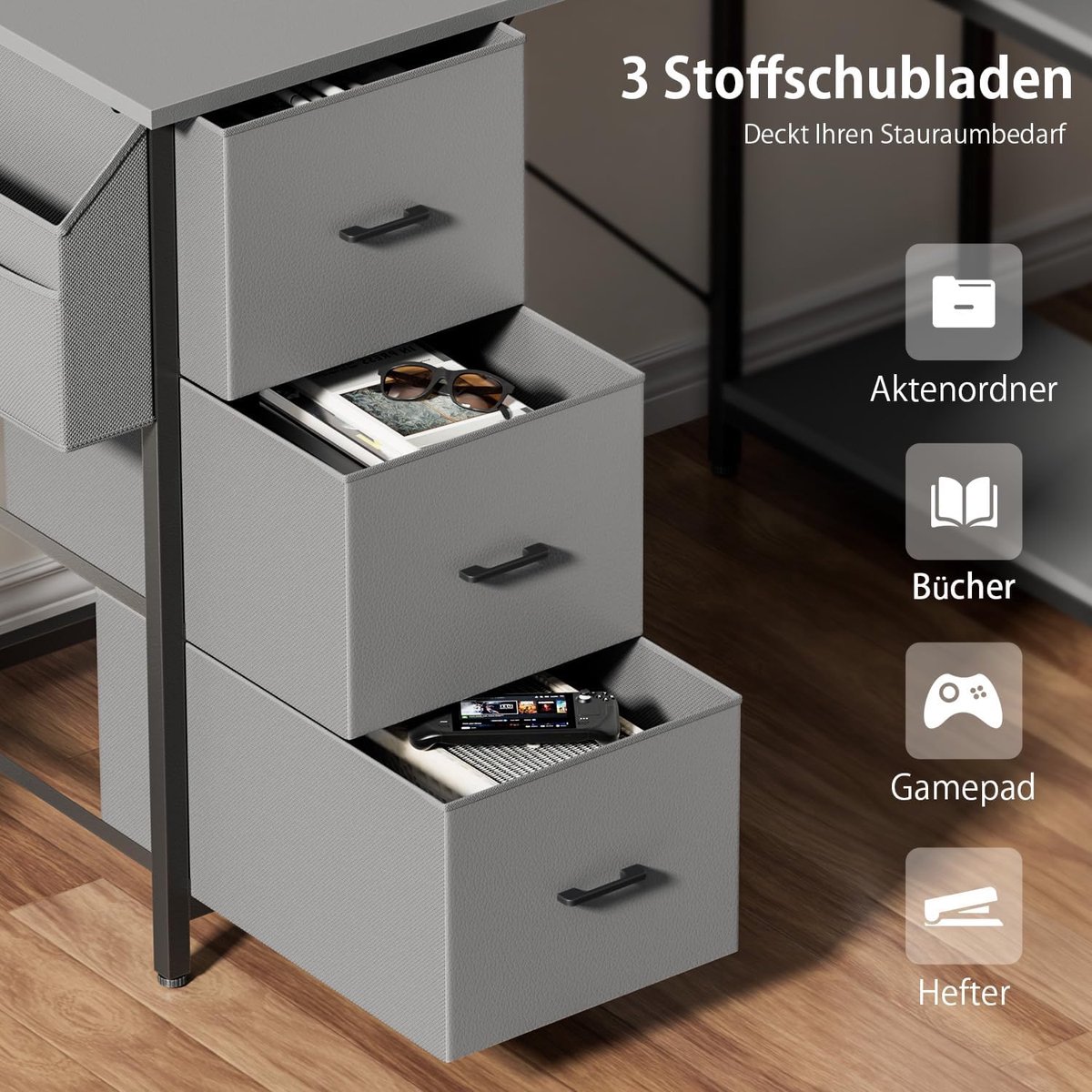 Hoekbureau met Lades - Computerbureau L-vorm - Thuiswerken - Verstelbare Opbergruimte - 120 x 80 cm - Grijs thumbnail 4