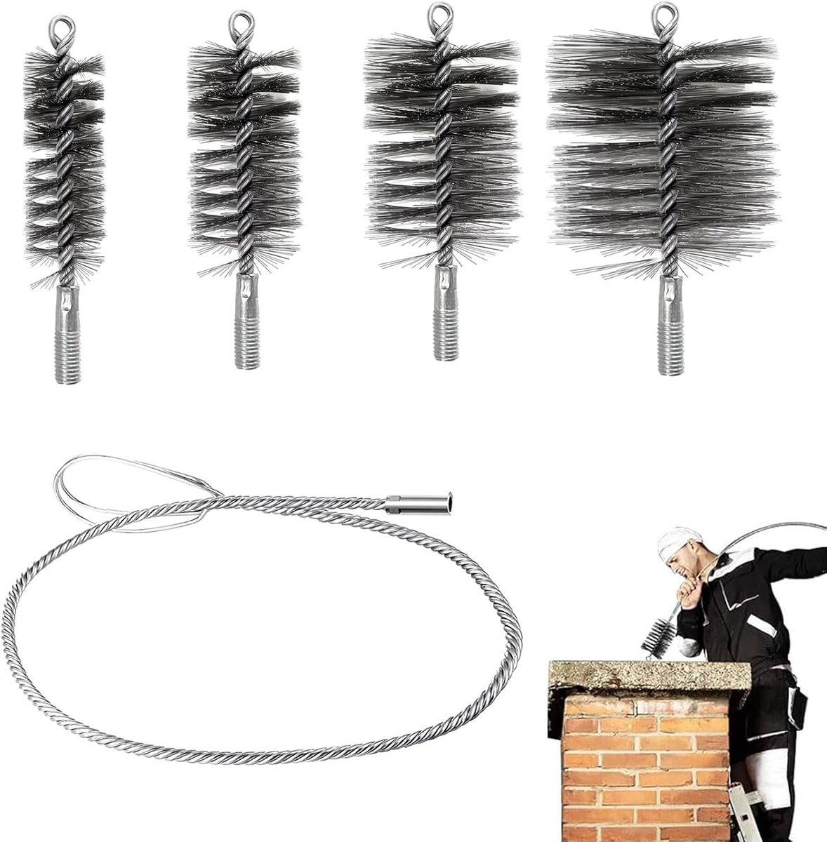 Set van 5 Schoonmaakborstels voor Kachelpijpen, Schoorsteen, Ketel en Open Haard - Ideaal voor Grondige Reiniging en Onderhoud