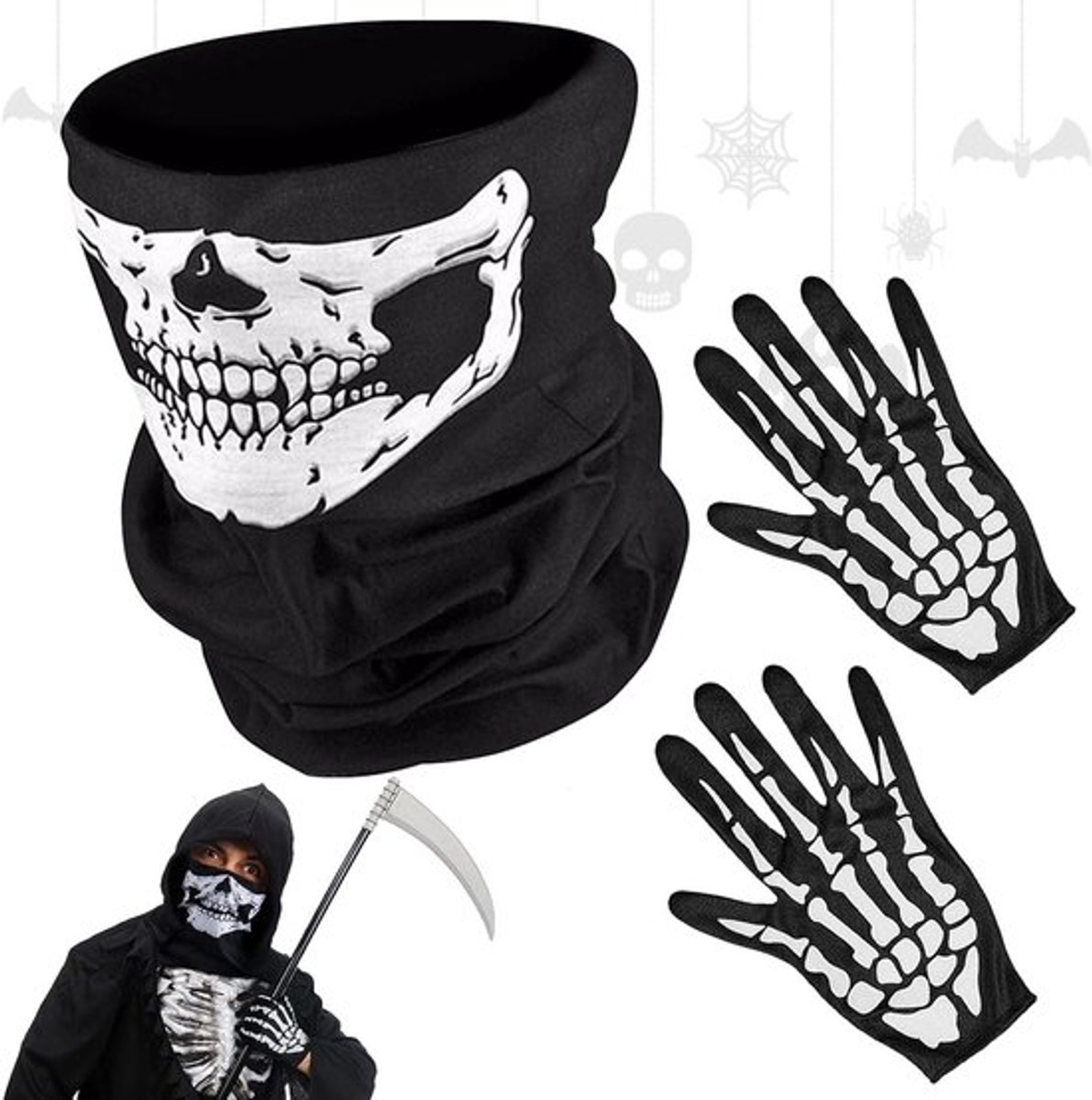 Doodshoofdmasker met skelethandschoenen voor Halloween - Allecto Plus