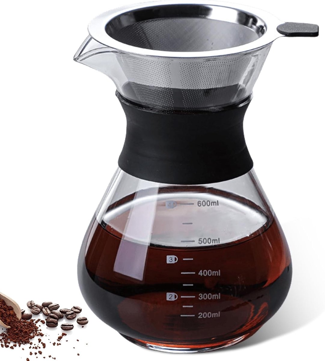 Pour Over Koffiezetapparaat - Borosilicaatglas - Roestvrijstalen Filter - Siliconen Kraag - Voor Thuis en Kantoor