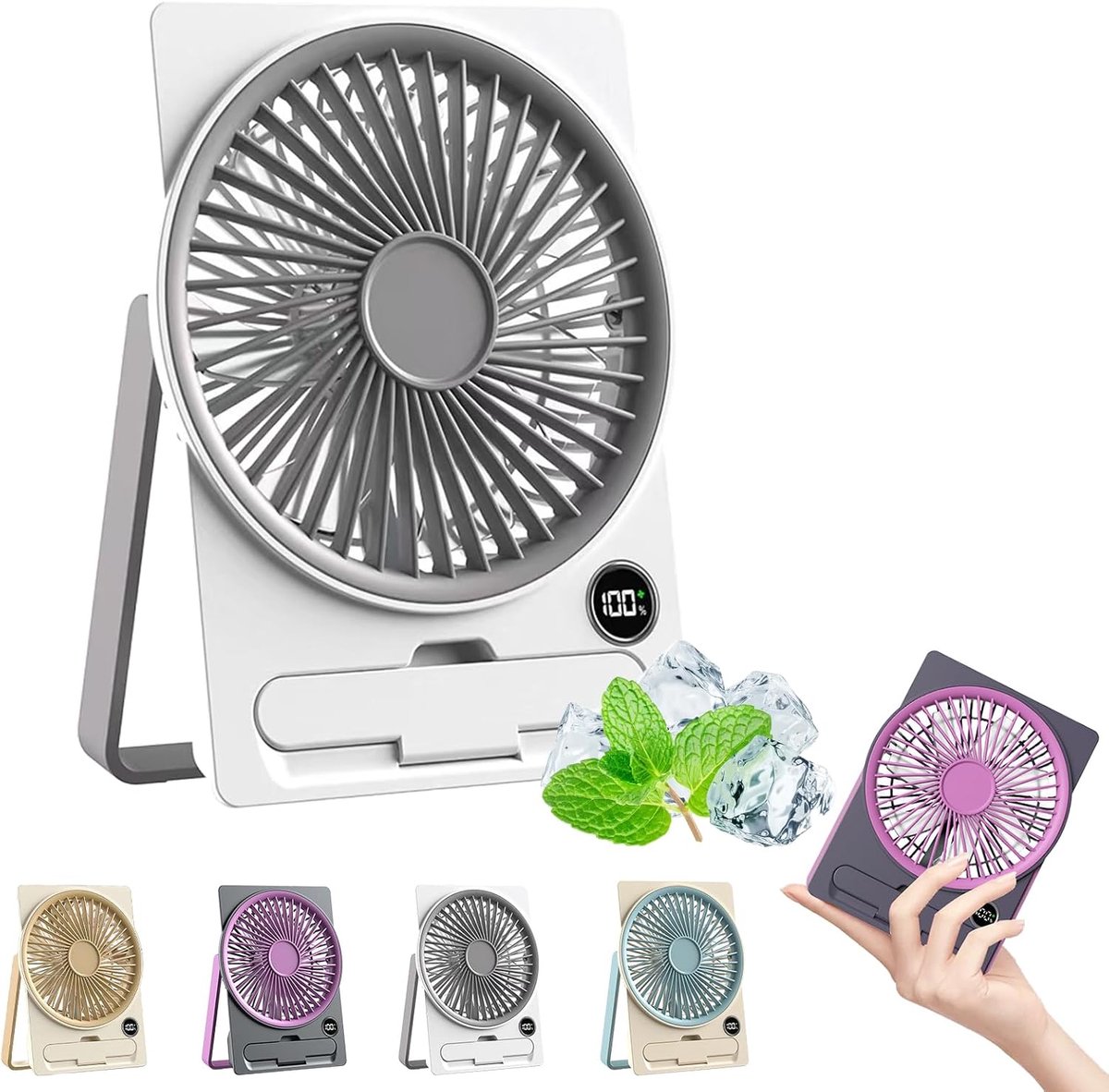 Bureauventilator – Ultradunne, oplaadbare USB-miniventilator – 180° verstelbaar & inklapbaar – Met telefoonhouder – 6 snelheidsstanden – Slim lcd-scherm – Geschikt voor kantoor en slaapkamer – Wit