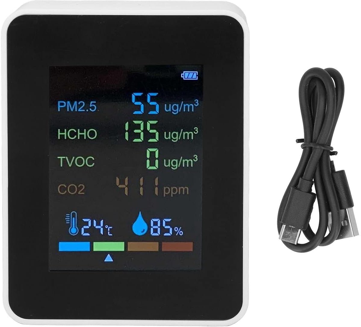 Luchtkwaliteit Monitor - CO2 Meter - Binnenlucht Meten - 6-in-1 Detectie - 9x7x3.4cm - Wit
