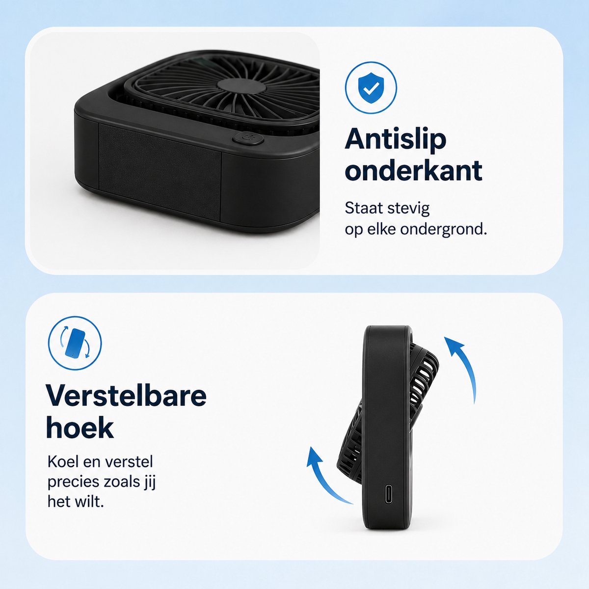Draagbare Bureauventilator - Kleine USB-C Ventilator - Mini Tafel Ventilator 3 Standen - Lichtgewicht Mini Desk Fan - Compacte Kleine Oplaadbare Ventilator - voor Auto, Kantoor & Onderweg - Handventilator Oplaadbaar - Handwaaier - Zwart - Silvergear thumbnail 5