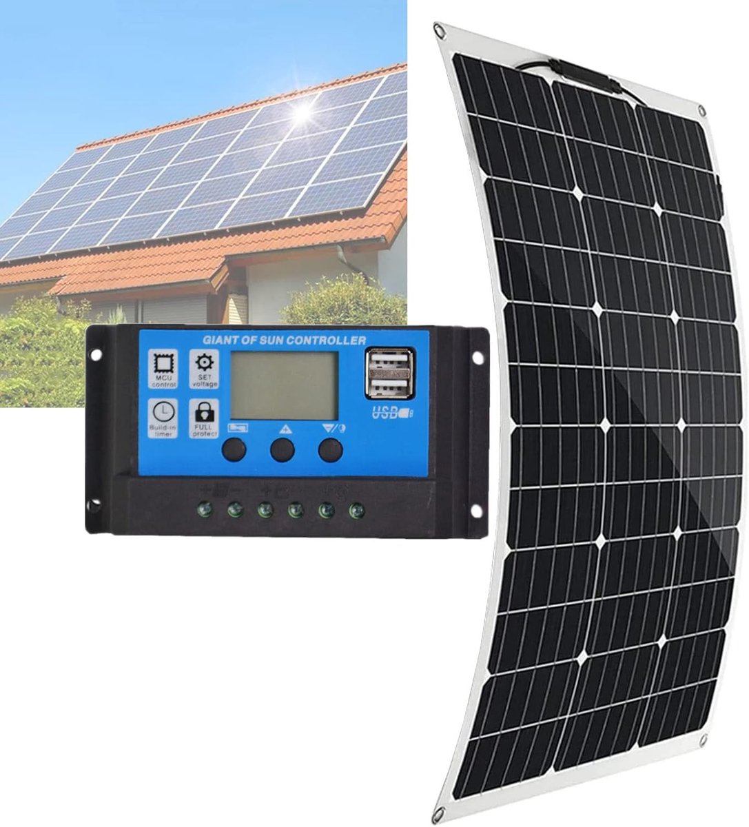Zonnepaneel Systeem - Fotovoltaïsch Paneel - Off Grid Stroom - Waterdicht Flexibel Paneel - 300W 18V - Zwart