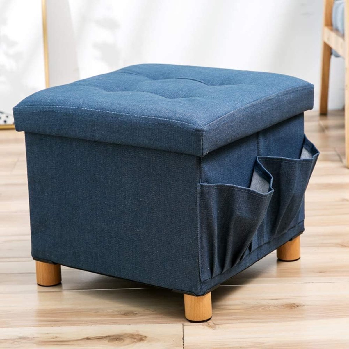 Opvouwbare Opbergpoef - Voetenbankje Kruk - Extra Zitplaats - Met Houten Poten - 38x38x38cm - Linnen