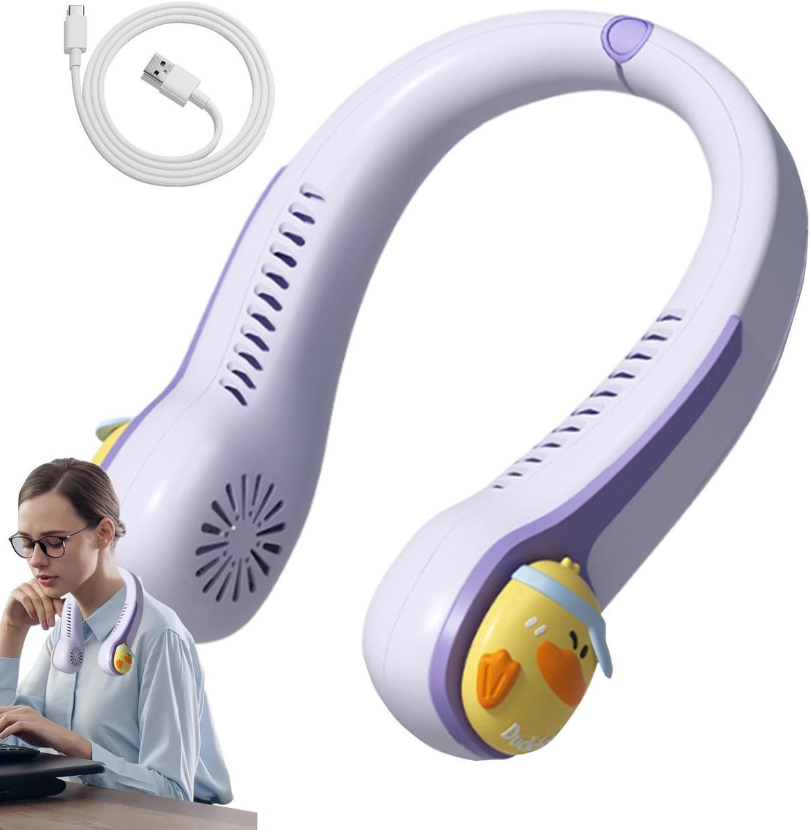 Draagbare Nekventilator - Bladloze Ventilator - Zomerse Koelte - Bladloze Technologie - 166x64x22cm - Levendige Eend