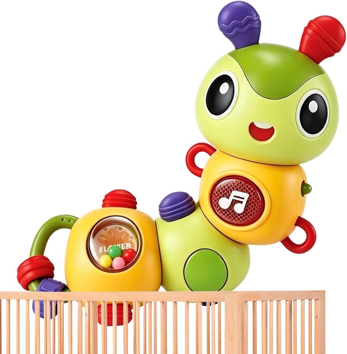 Muzikaal Rupsspeelgoed - Draaibaar Bijtspeeltje - Sensorische Ontwikkeling - Kalmerende Melodieën - 19 cm Lengte - Multicolor