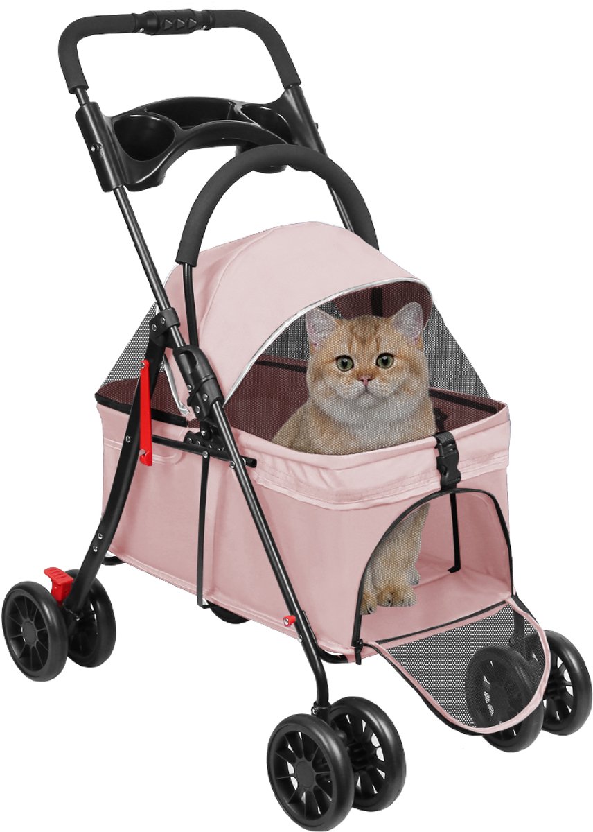 PIPIPOXER Huisdier wandelwagen-reiswagen huisdier-Hondenwagen voor kleine honden en katten tot 15kg-s - boodschappenmand en gaasraam-Vouwen en scheiden met één klik-Oxfordstof-roze