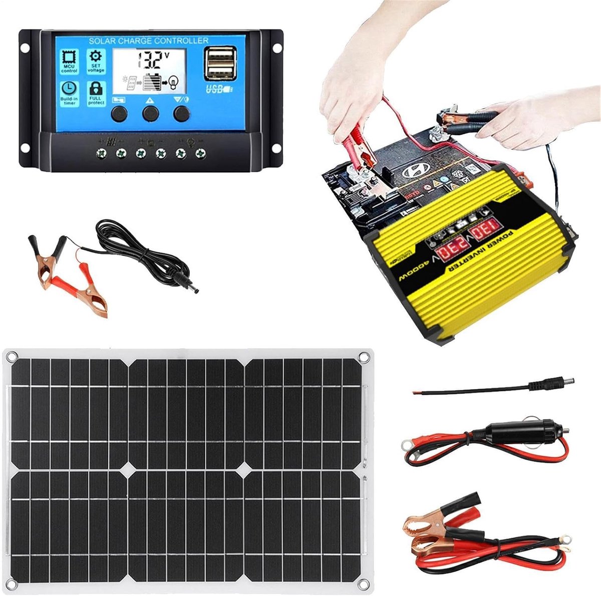 Zonnepaneel set - Energie systeem - Off-grid stroom - 300W omvormer - 12 volt - Grijs