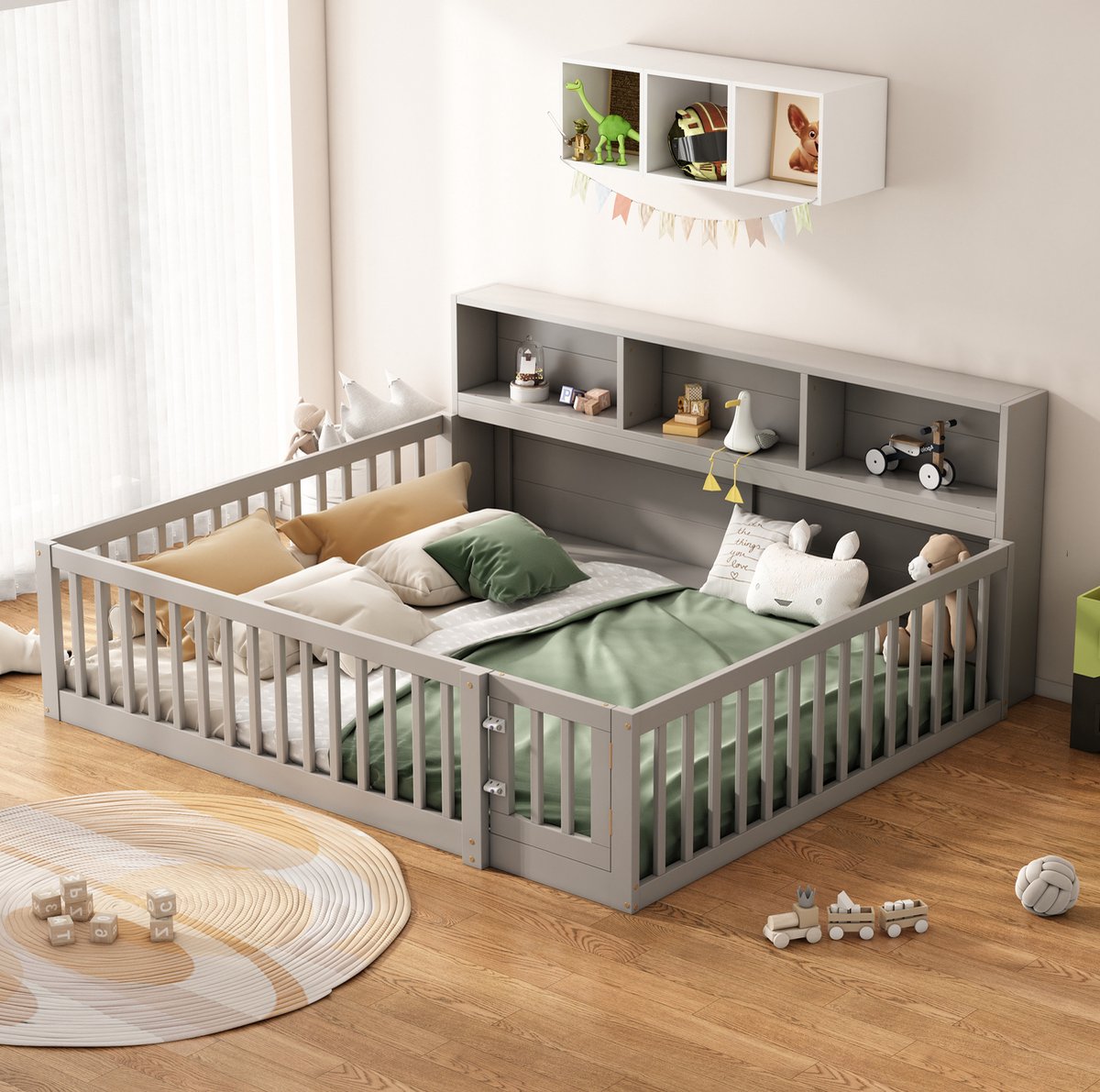 MEUNIQ Bedbank 140x200 cm met lattenbodem, veiligheidshekken en zijvakken, kinderbed/daybed van grenenhout en MDF, zonder matras, grijs