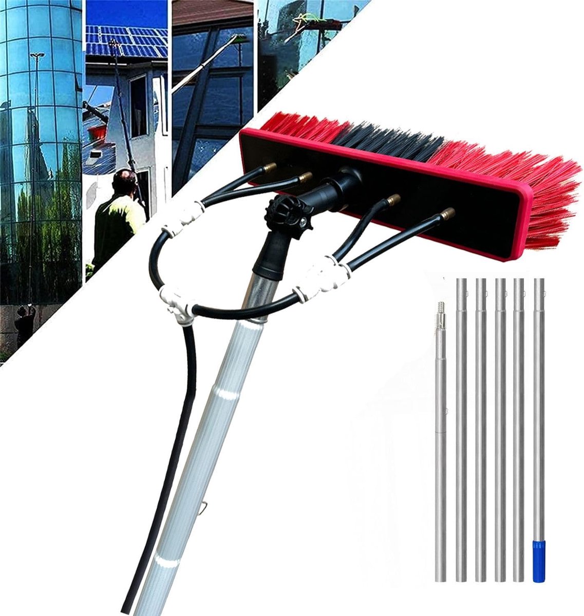Zonnepaneel Reinigingsset - Raamwisser Paal - Hoge Oppervlakken Schoonmaken - Uitschuifbare Aluminium Paal - 3-9 Meter - Zilver