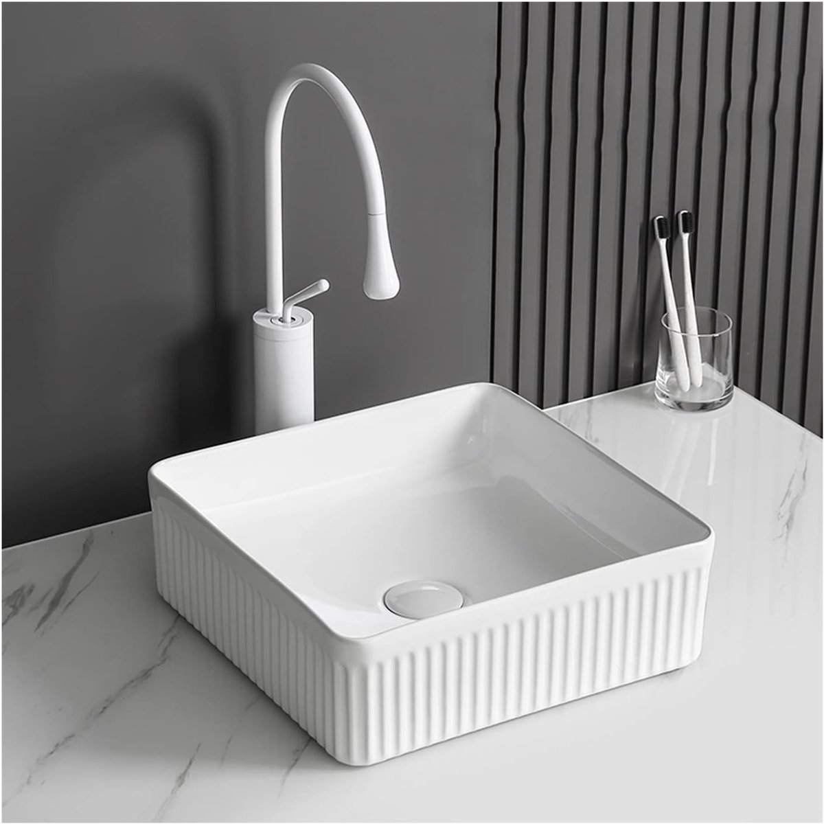 Wastafel Kom - Badkamer fontein - Badkamer vernieuwen - Bovenbouw keramiek - 36.5cm vierkant - Wit