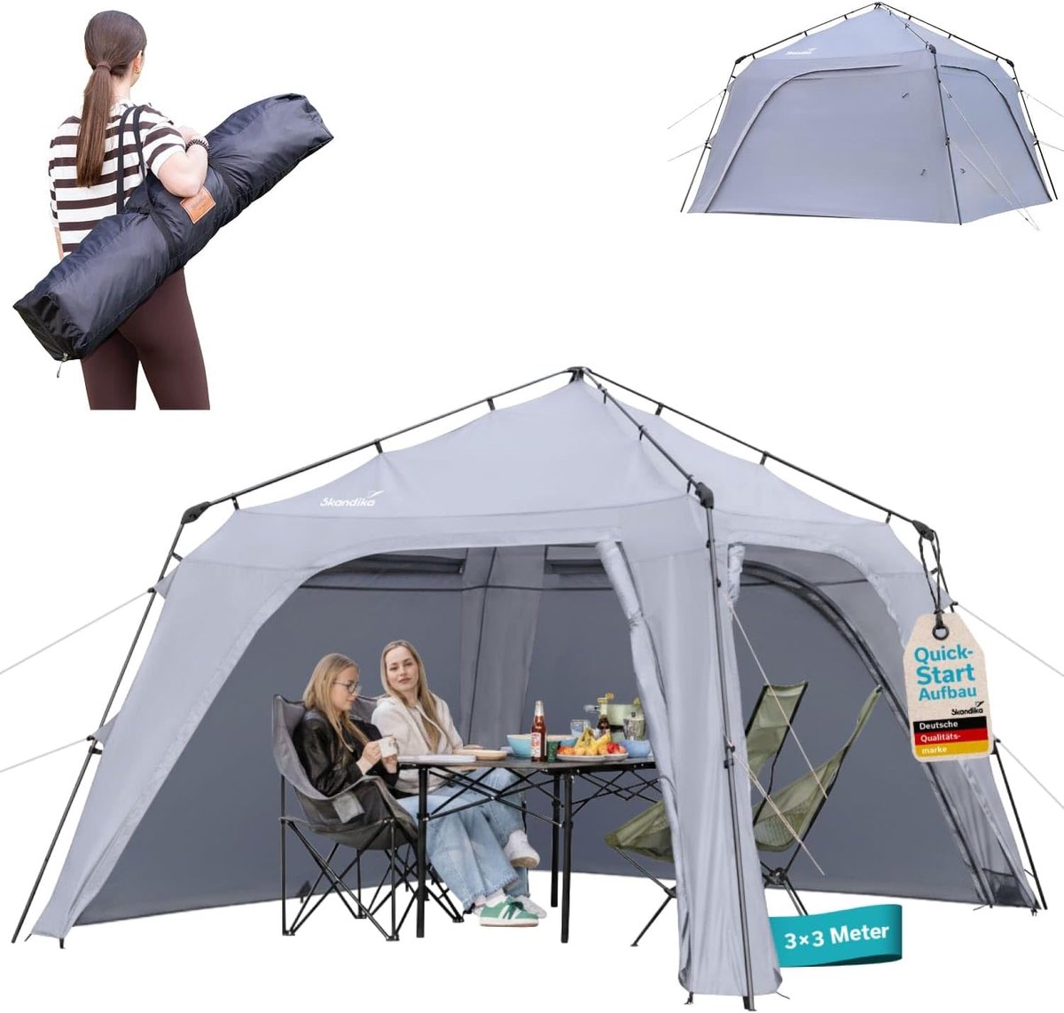 Paviljoen Inari 300 - Quick-Start Tent Voortent - Outdoor Bescherming - Geïntegreerde Zijwanden - 3 x 3 m - Grijs