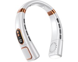 Nekventilator met digitaal display en sfeerverlichting in verschillende kleuren, 4000 mAh accu, USB-oplaadfunctie, 5 windstanden, bladloze draagbare nekventilator, luchtkoeler, persoonlijke ventilator (wit).