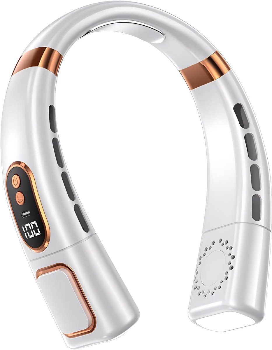 Nekventilator met digitaal display en sfeerverlichting in verschillende kleuren, 4000 mAh accu, USB-oplaadfunctie, 5 windstanden, bladloze draagbare nekventilator, luchtkoeler, persoonlijke ventilator (wit).
