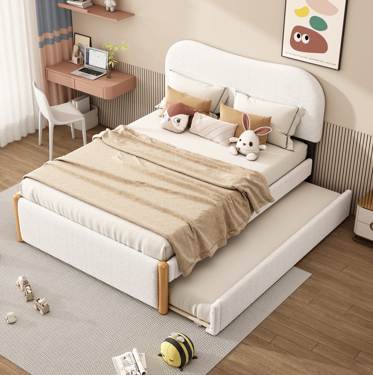 MEUNIQ gestoffeerd bed 140x200 cm met uitschuifbaar rolbed, links of rechts te plaatsen, lattenbodem, wit, voor slaapkamer