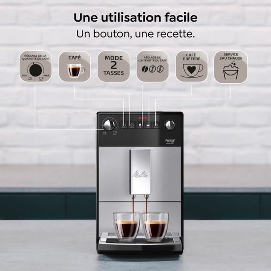 Volautomatische espressomachine met chrome uitloop, die twee koppen koffie zet, met pictogrammen voor instellingen.