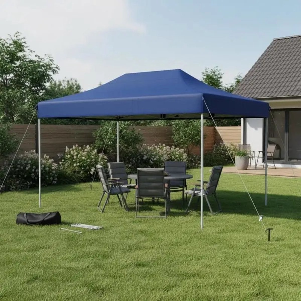 Dailygoods 3 x 4,5 m opvouwbaar tuinpaviljoen met rolzak en 4 touwen, in hoogte verstelbaar pop-up tuinpaviljoen, tuinpa