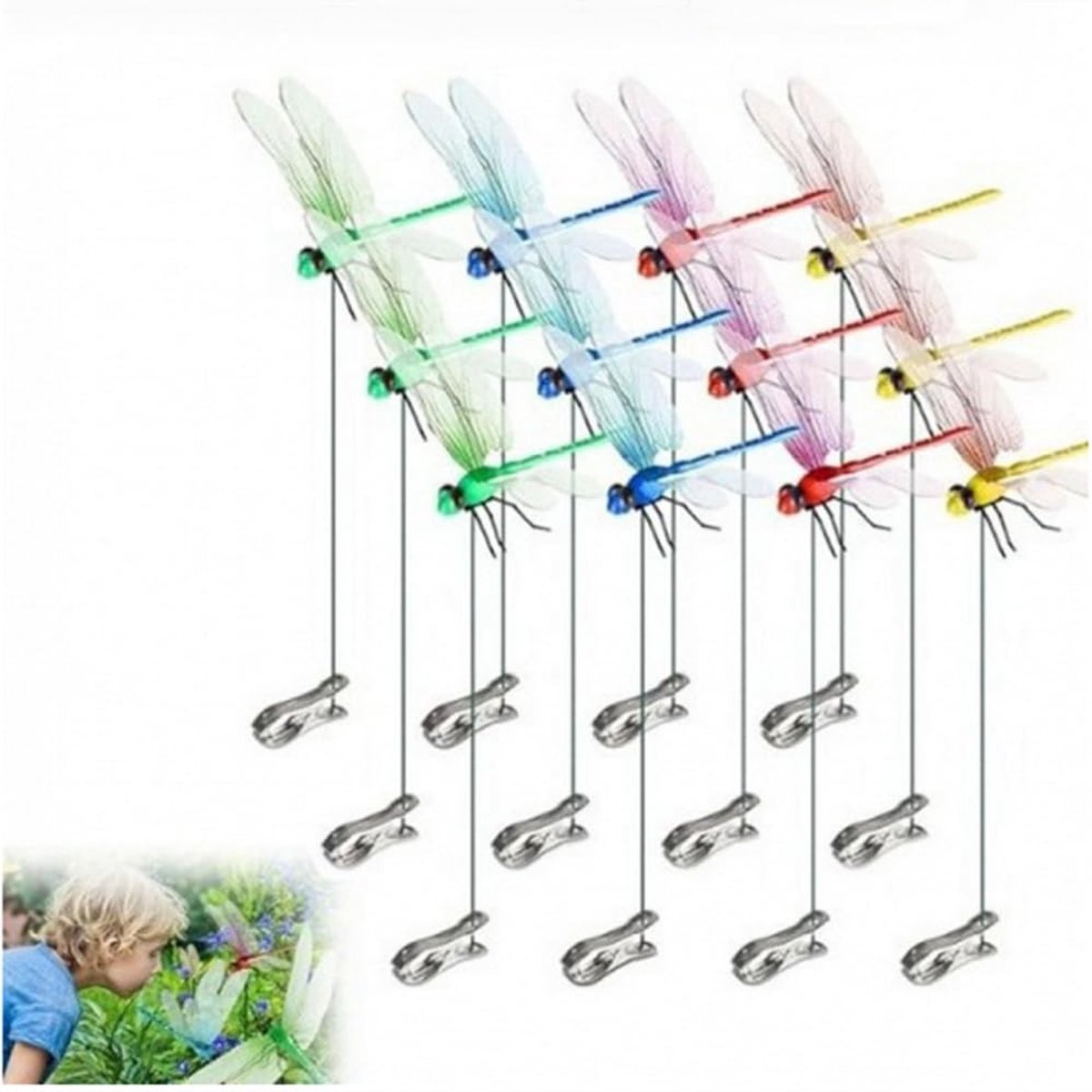 Solidchoice- Libellibelclips 12 Stuks - 3D-Simulatie Libelle - Tuindecoratie Buiten - Vliegschrikapparaten - Waterdicht - Eenvoudige Installatie