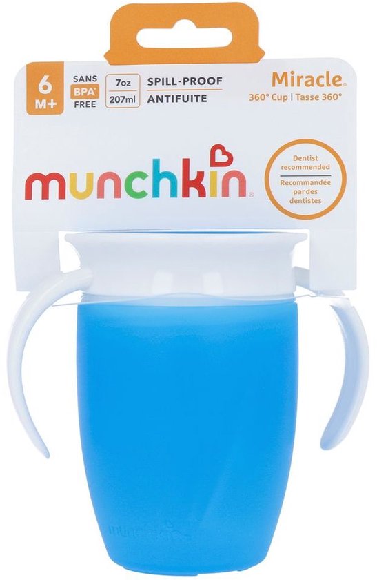 Munchkin Miracle 360° anti-lek beker, 7oz/207ml, blauw met witte handvatten, BPA-vrij, 6m+