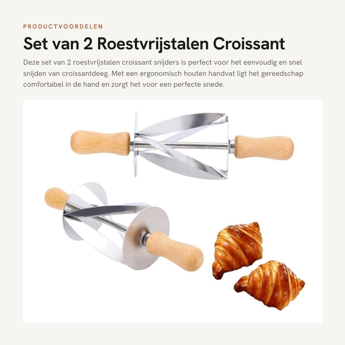 Dailygoods- Croissant Snijder Roestvrij Staal - Deegsnijder/Roller - Houten Handvat - 2 Stuks - Deegschraper - Brood Snijder
