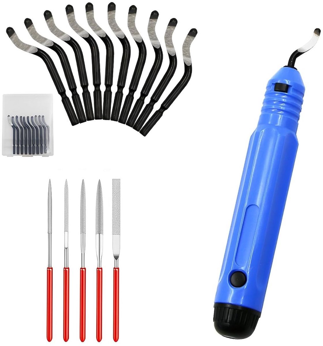 Handdeburrer met 10 Vervangbladen en 5 Diamantvijlen, 360° Draaiblad voor 3D Printers, Kunststof, Aluminium en RVS Bewerking