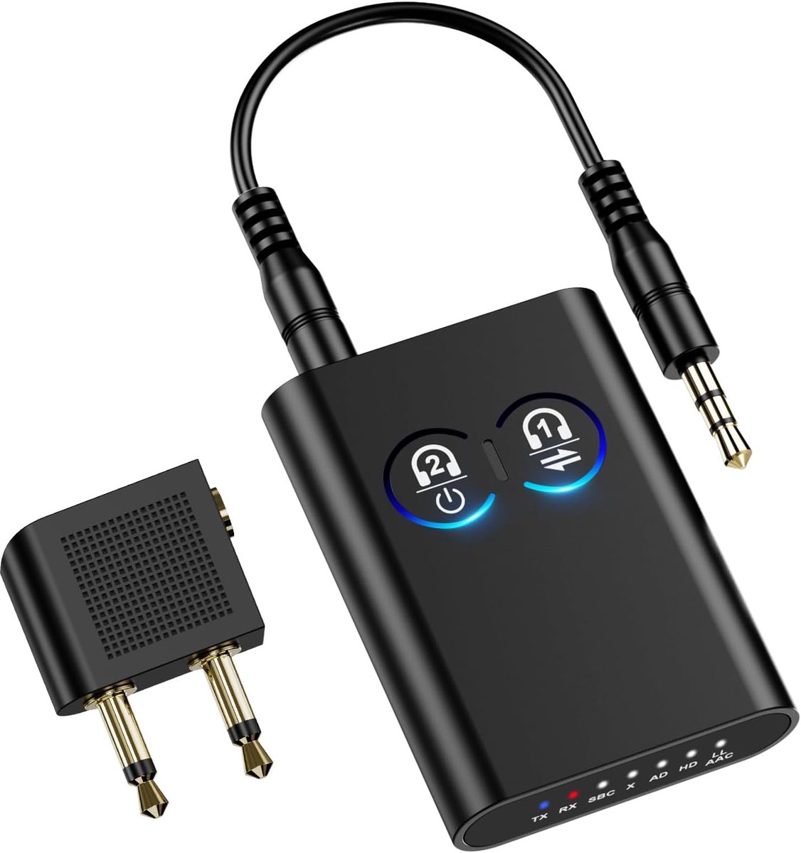 Bluetooth-adapter – 5.2 Bluetooth-ontvanger/zender – 3,5 mm Jack – voor 2 Hoofdtelefoons – AUX-ontvanger/zender voor Vliegtuig/Stereosysteem/TV/Hoofdtelefoon – APTX – Lage Latentie – Dubbele Verbinding