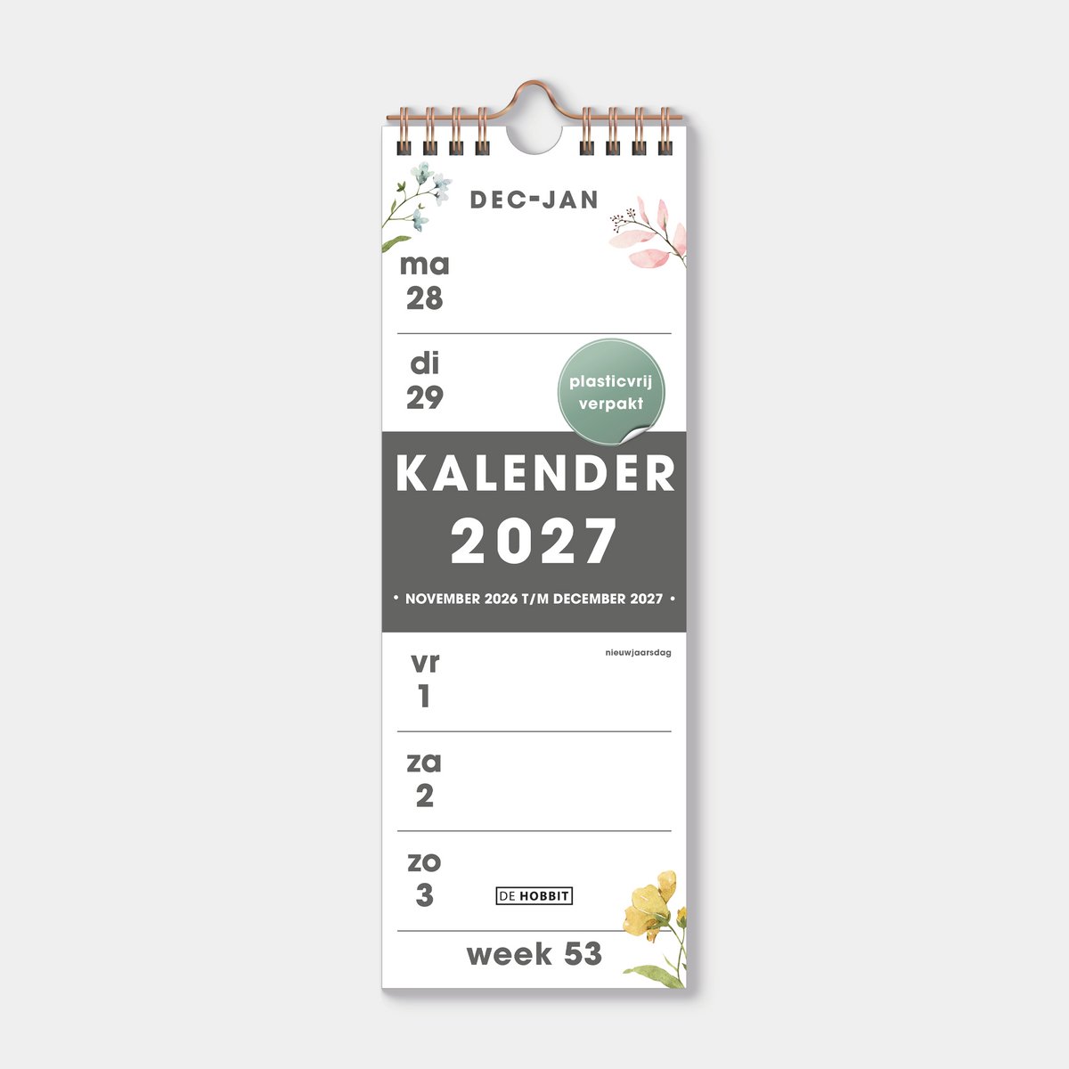Hobbit - Weekkalender 2027 - half A4 (29.7 x 10.5 cm) - Smalle Weekplanner - Aquarel Bloemetjes