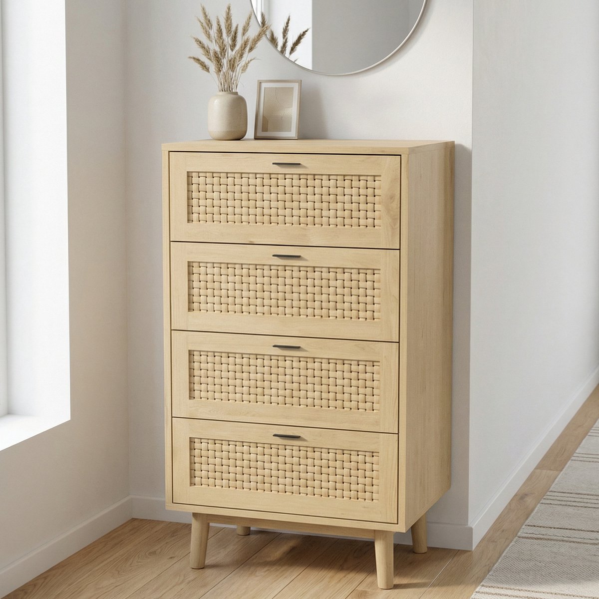 Ladekast - 55x40x95cm - 4 lades met kantelbeveiliging - hout en rotan-look - natuurlijke stijl - Houtkleur