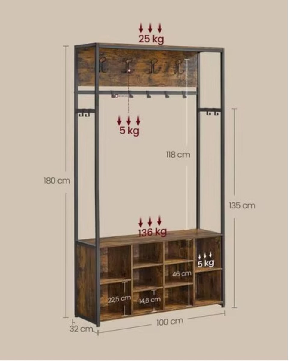 LeeuwenChoice® Kapstok Kledingkast Schoenenrek 3-In-1 - Garderoberek - Vintage Bruin Houtlook - 32x100x180cm – foto 4