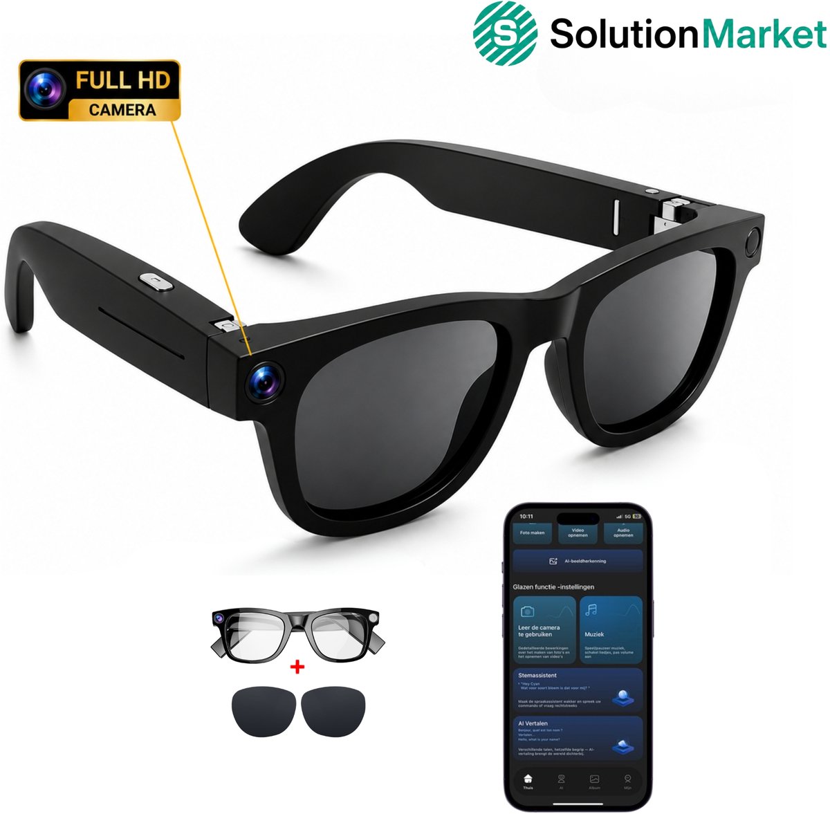 SolutionMarket AI Smart Glasses – Full HD Camera Bril – Bluetooth Muziek – Vertaalfunctie – Clip-On Zonneglazen – Nederlandse App