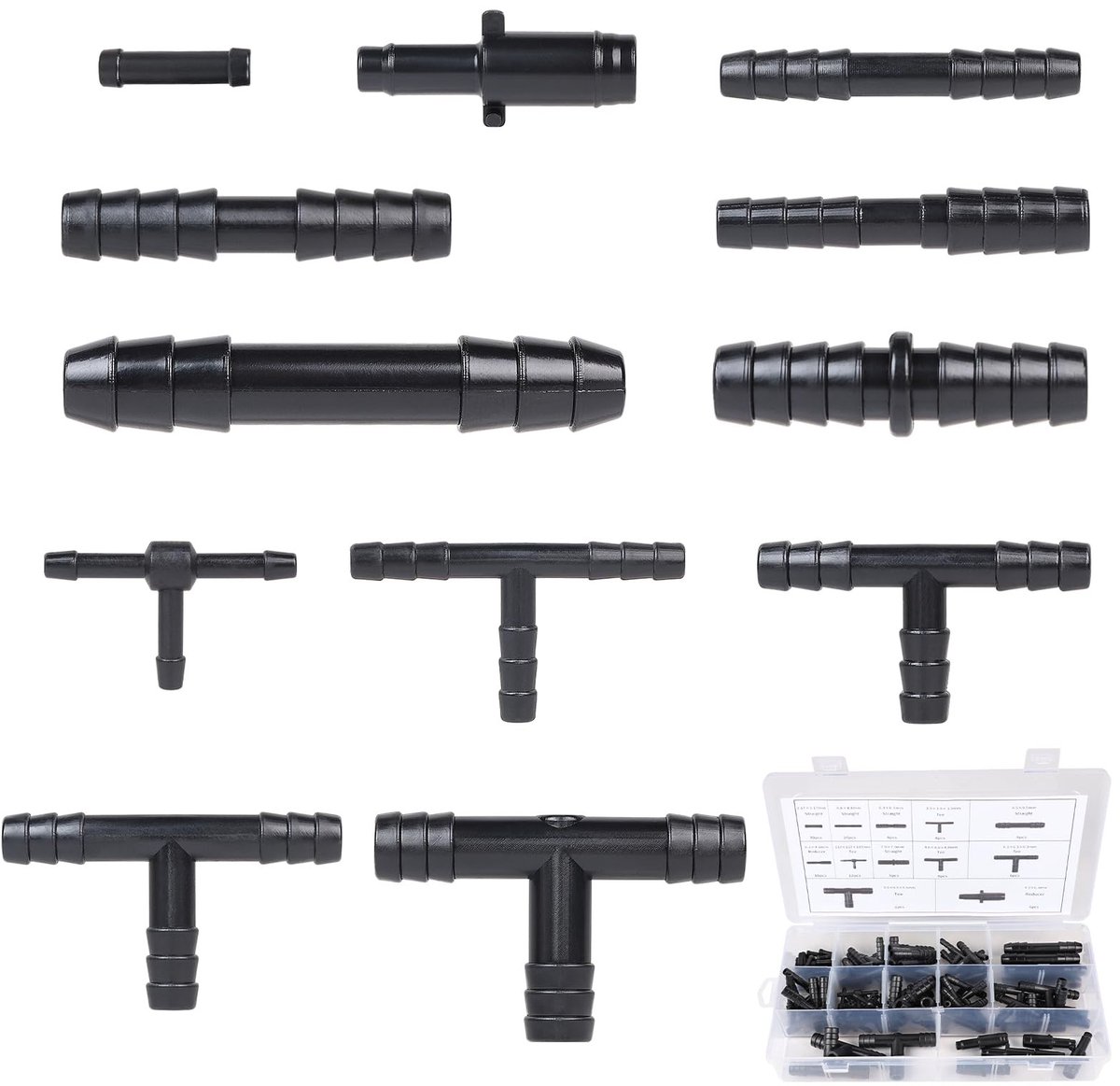 Dailygoods- Slangverbindingen 113 Stuks - T-stuk in 12 Maten - Vacuümschroefverbindingen - Irrigatieaansluitingen - Gazonirrigatie - Duurzaam Materiaal - Irrigatieconnectoren