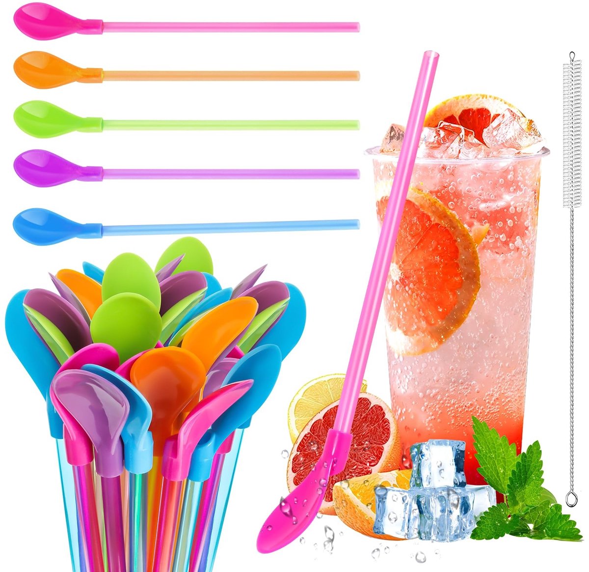 Dailygoods- Rietjeslepel 20 Stuks - Herbruikbare Rietjeslepels - 2-in-1 Rietjes met Lepel - Vaatwasmachinebestendig - Inclusief Reinigingsborstel - Gemaakt van Hoogwaardig Kunststof - Slushrietjes