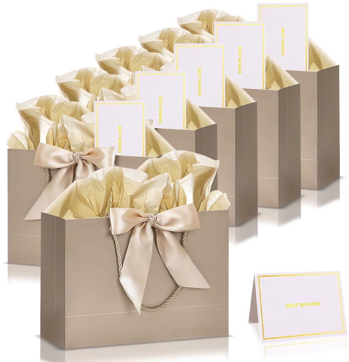 Dailygoods- Cadeauzakjes 6 stuks - Geschenkzakjes Papier - Handgrepen - Champagnegoud - Inclusief Linten/Wenskaarten - Robuust en Recyclebaar - Geschenktas