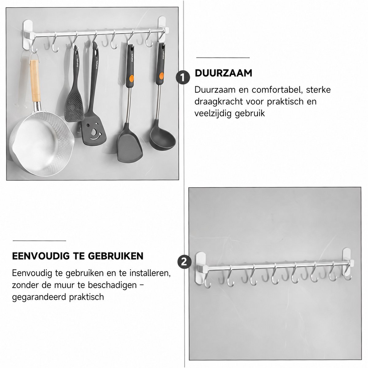 60CM Zelfklevende Keuken Haakrail-Aluminium Wandrek met 10 Haken-Zonder Boren-Zilverwit met Afstandhouders